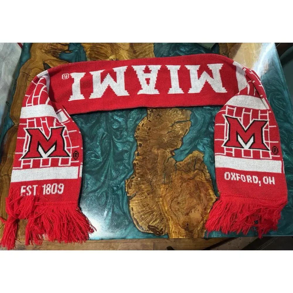 Miami RedHawks NCAA Knit Scarf Red White Double Sided Fringe College Fan